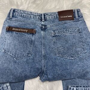 House of Sunny Distressed Blue Wash Straight Leg Jeans